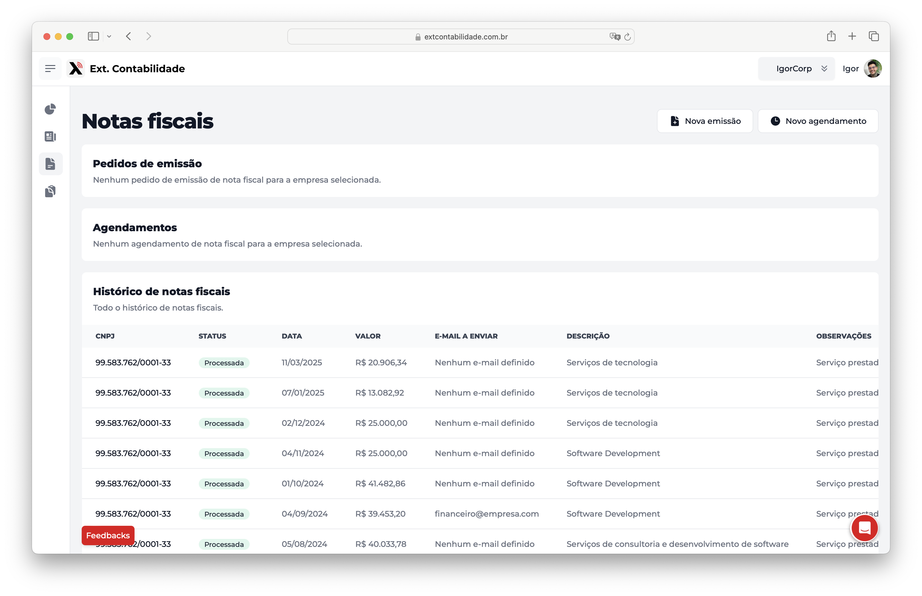 Agendamento de emissão de nota fiscal - contabilidade digital automatizada