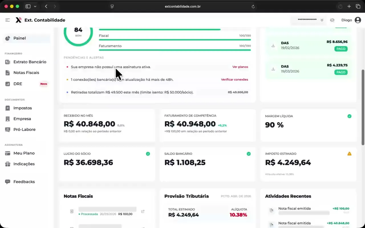 Painel de contabilidade online para gestão empresarial - Ext. Contabilidade